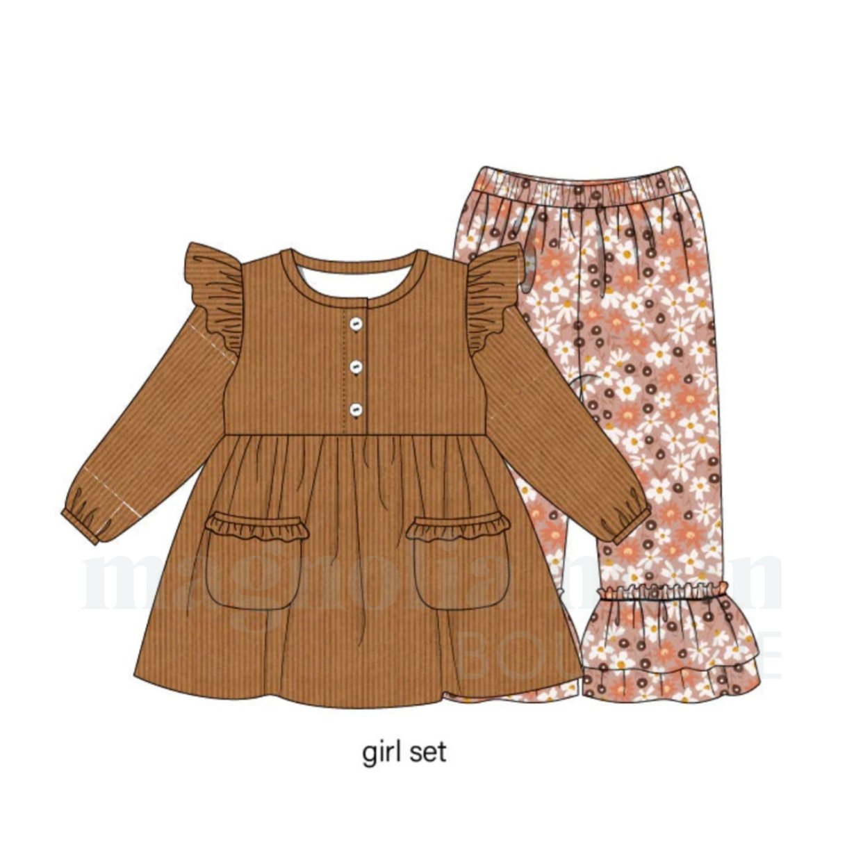 Brown Floral Girls Pants Set